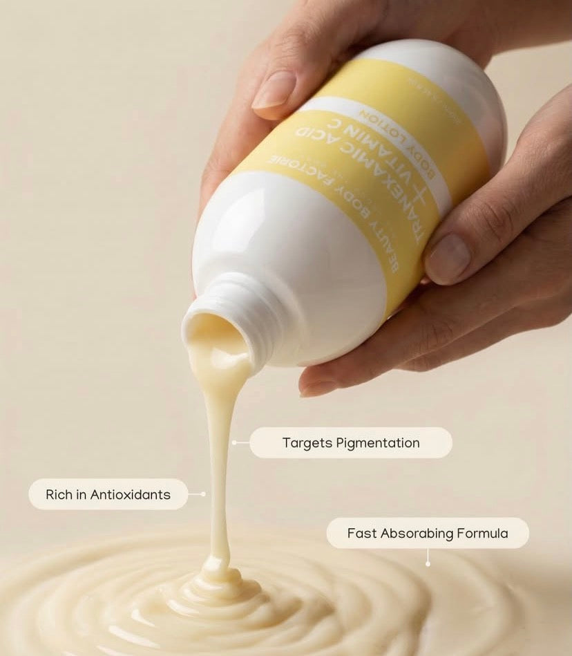 Fast-absorbing, non-greasy body lotion texture designed for daily hyperpigmentation treatment and deep hydration.