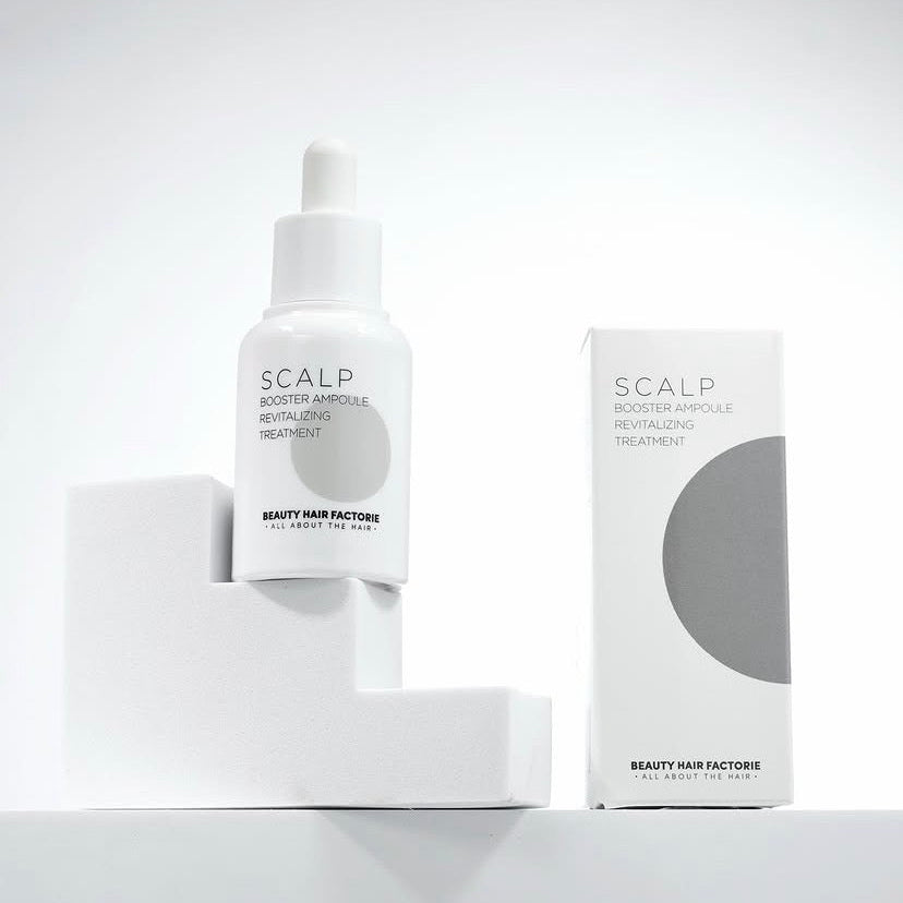BHF Scalp Booster Ampoule, a lightweight Korean leave-in serum formulated with Niacinamide and Salicylic Acid to clear follicle buildup and balance oily scalps.