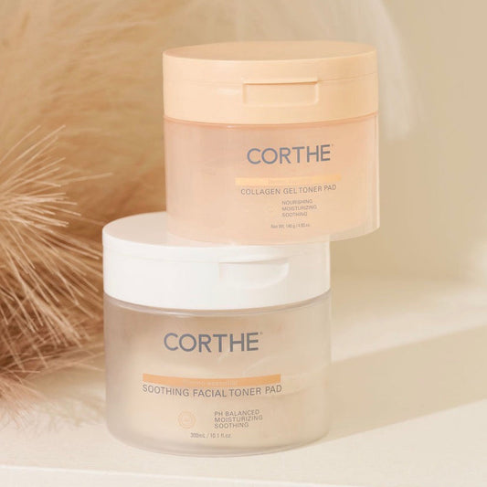 Corthe Bounce Back Toner Pad Bundle featuring the Soothing Korean Toner Pads and Collagen Gel Pads for a complete sensitive skin recovery and firming ritual.