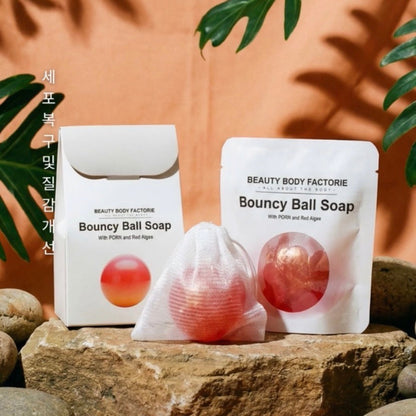 Beauty Body Factorie Bouncy Ball Korean Body Soaps featuring PDRN, Red Algae, and Beta-Carotene to protect against oxidative stress and environmental body aging.
