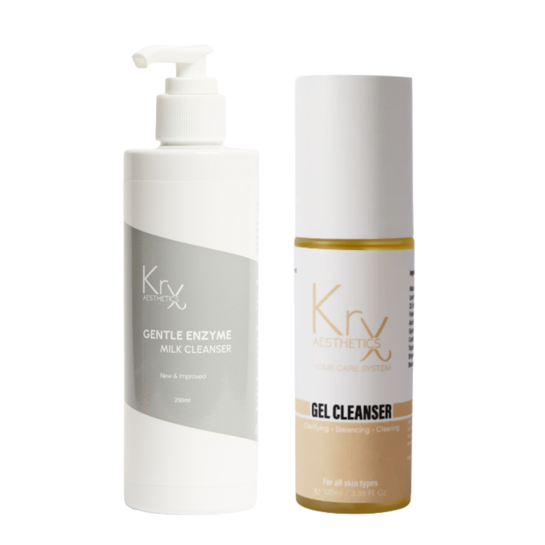The Brightening Double Cleanse Duo featuring KrX Enzyme Milk and Glow Gel; a two-step system to solve chronic dullness and ensure deep, residue-free purification.