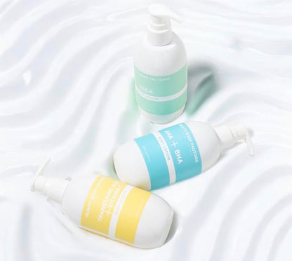 The AHA + BHA Smoothing Lotion alongside the Beauty Body Factorie collection; a targeted system for treating body congestion, "strawberry legs," and uneven skin texture.