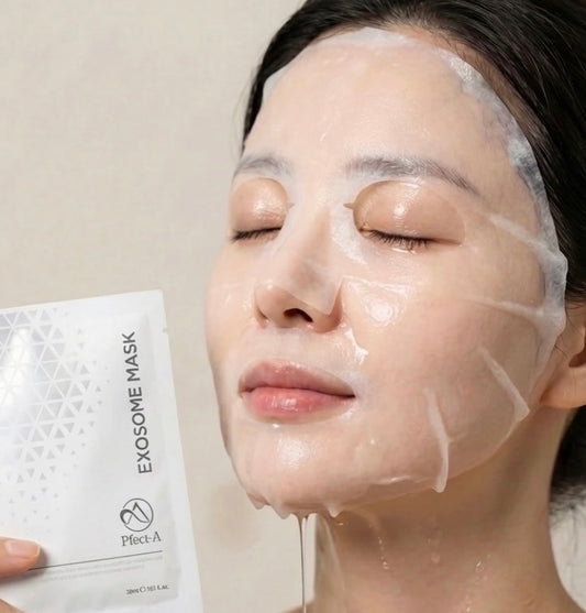 Close-up of Pfect-A Exosome Mask featuring advanced Cica Exosome technology and Centella Asiatica to calm inflammation and accelerate cellular tissue repair.