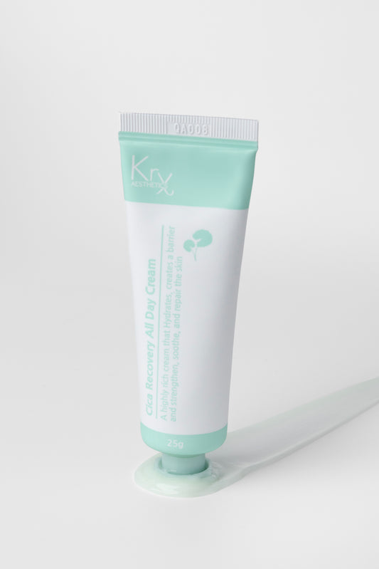Close-up of the cooling KrX Cica Cream texture, infused with menthol and methyl lactate to provide immediate thermal relief and pull heat from inflamed or post-procedure skin.