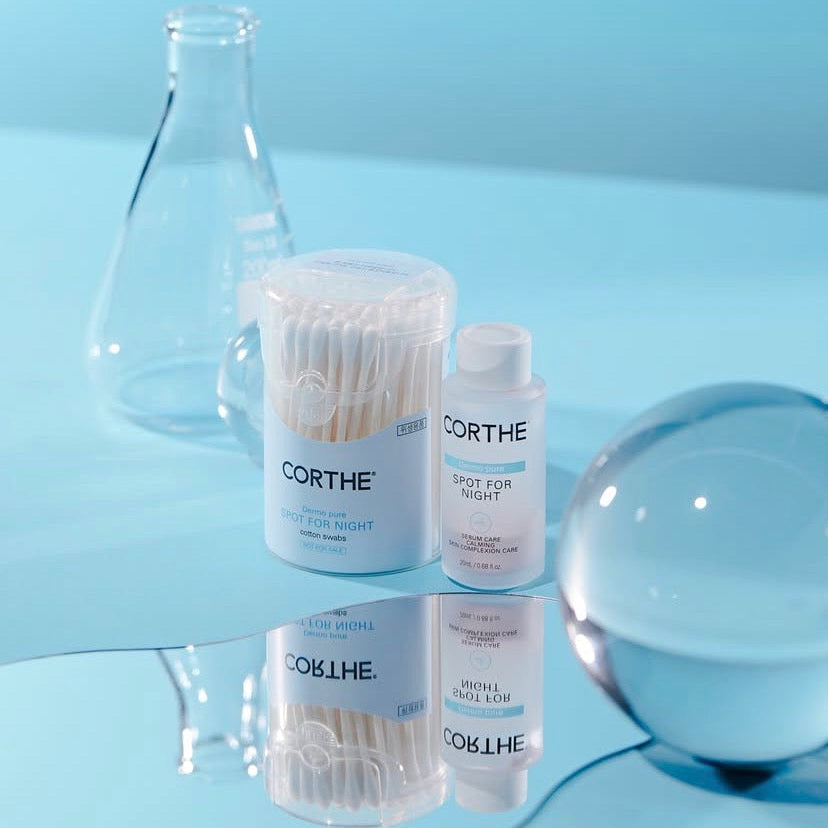Clinical Korean breakout recovery: Corthe Dermo Pure Spot Treatment targets active inflammation with BHA while Biosaccharide Gum-1 repairs the skin barrier to prevent post-acne scarring.