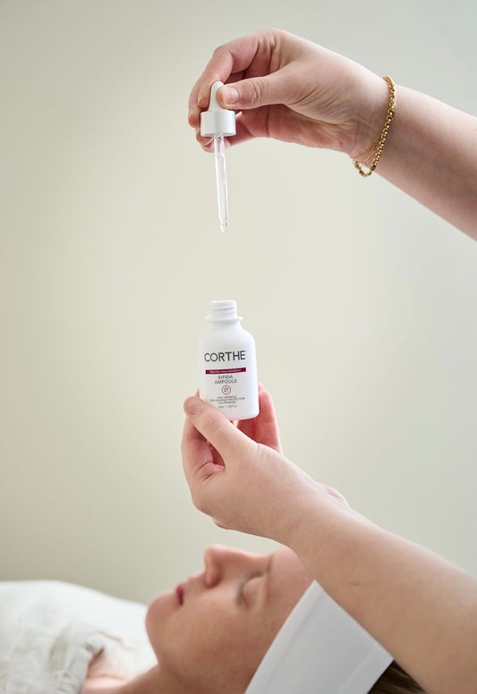 Lightweight and fast-absorbing texture of the Corthe Bifida Ampoule being applied with a dropper for deep hydration and barrier support.