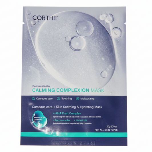 Corthe Calming Complexion Sheet Mask packaging; a professional Korean clinical mask featuring AHA Fruit Complex and six-weight Hyaluronic Acid for simultaneous resurfacing and deep hydration.