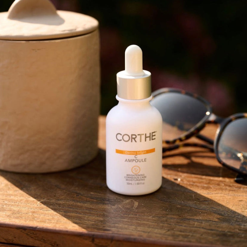 Corthe Dermo Bright C Korean Ampoule, a stable Vitamin C and Niacinamide serum for fading dark spots and hyperpigmentation without irritating sensitive skin.