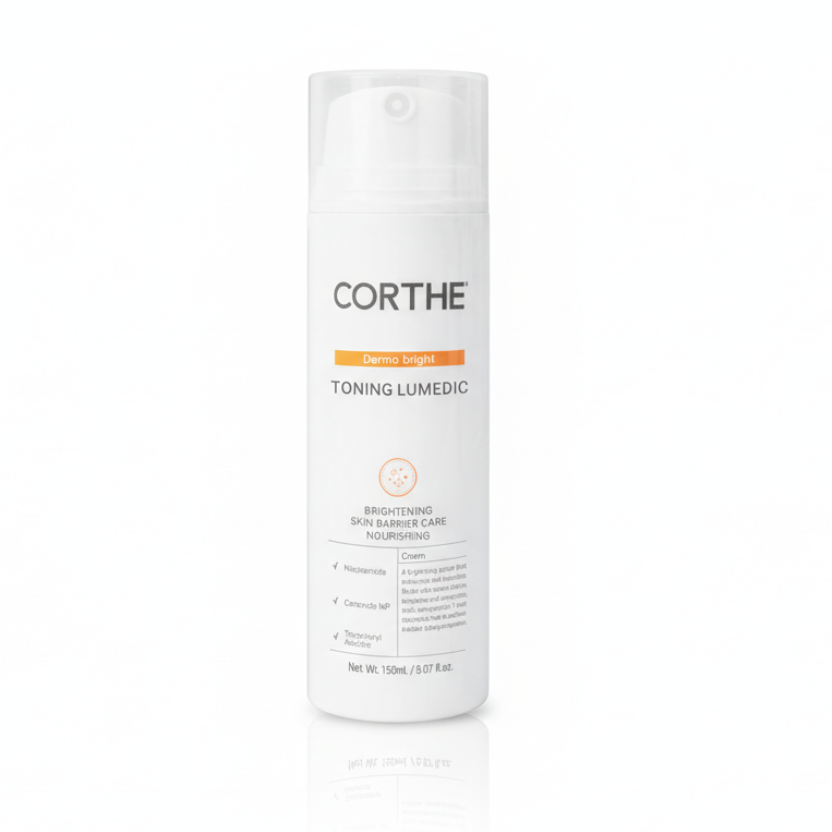 Corthe Dermo Bright Toning Lumedic; a professional Korean brightening toner in a 150ml pump bottle, formulated with Niacinamide and Licorice Root to target dark spots and hyperpigmentation.