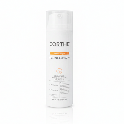 Corthe Dermo Bright Toning Lumedic; a professional Korean brightening toner in a 150ml pump bottle, formulated with Niacinamide and Licorice Root to target dark spots and hyperpigmentation.