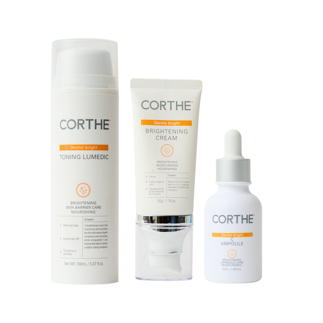 Corthe Dermo Brightening Bundle featuring the full 3-step clinical skin brightening protocol.