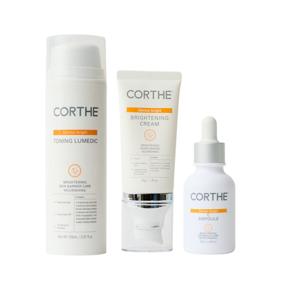 Corthe Dermo Brightening Bundle featuring the full 3-step clinical skin brightening protocol.
