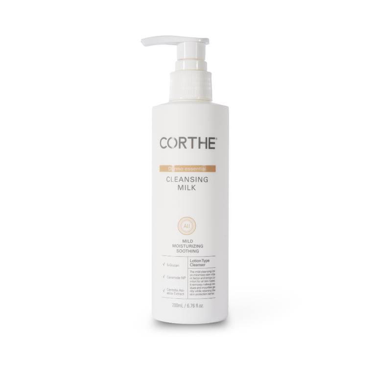 Corthe Dermo Essential Cleansing Milk: A non-foaming, barrier-safe Korean skincare solution for cleansing sensitive and reactive skin without stripping moisture.