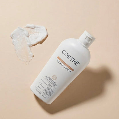Corthe Dermo Essential Rich M Lotion, an oil-free Korean moisturizer with ceramides perfect for weightless daily hydration and oily or acne-prone skin.