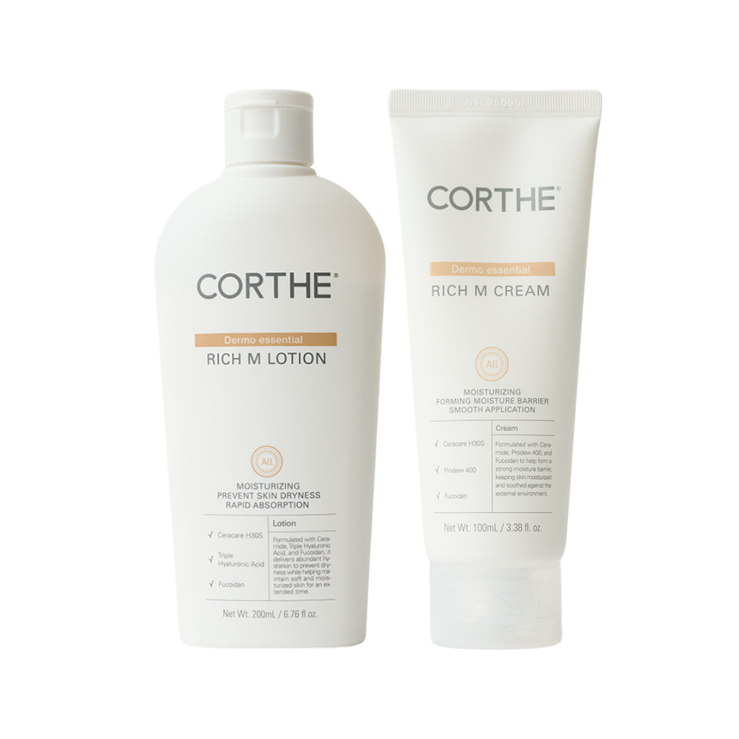 Corthe Dermo Essential Rich M Lotion and Cream duo, a versatile Korean moisturizer bundle designed for seamlessly switching between daily hydration and deep barrier repair.