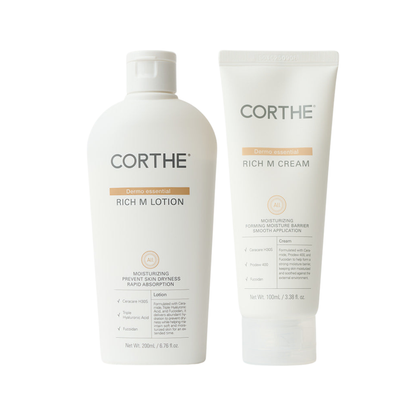 Corthe Dermo Essential Rich M Lotion and Cream duo, a versatile Korean moisturizer bundle designed for seamlessly switching between daily hydration and deep barrier repair.