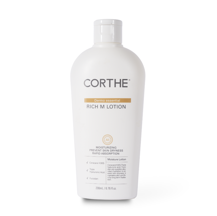 Corthe Dermo Essential Rich M Lotion: A professional non-comedogenic Korean face moisturizer with Ceramide NP to repair the skin barrier without clogging pores.