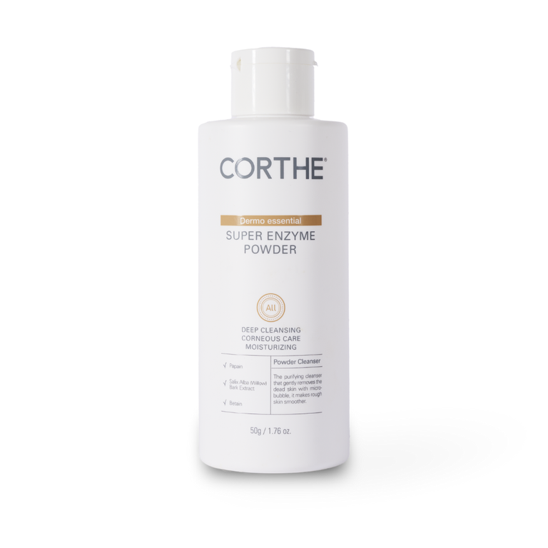 Professional Corthe Super Enzyme Powder cleanser, a gentle exfoliating powder-to-foam wash with Papain and Willow Bark for a bright, glass-skin finish.