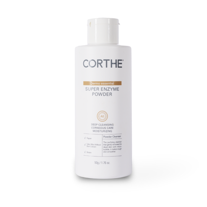 Professional Corthe Super Enzyme Powder cleanser, a gentle exfoliating powder-to-foam wash with Papain and Willow Bark for a bright, glass-skin finish.