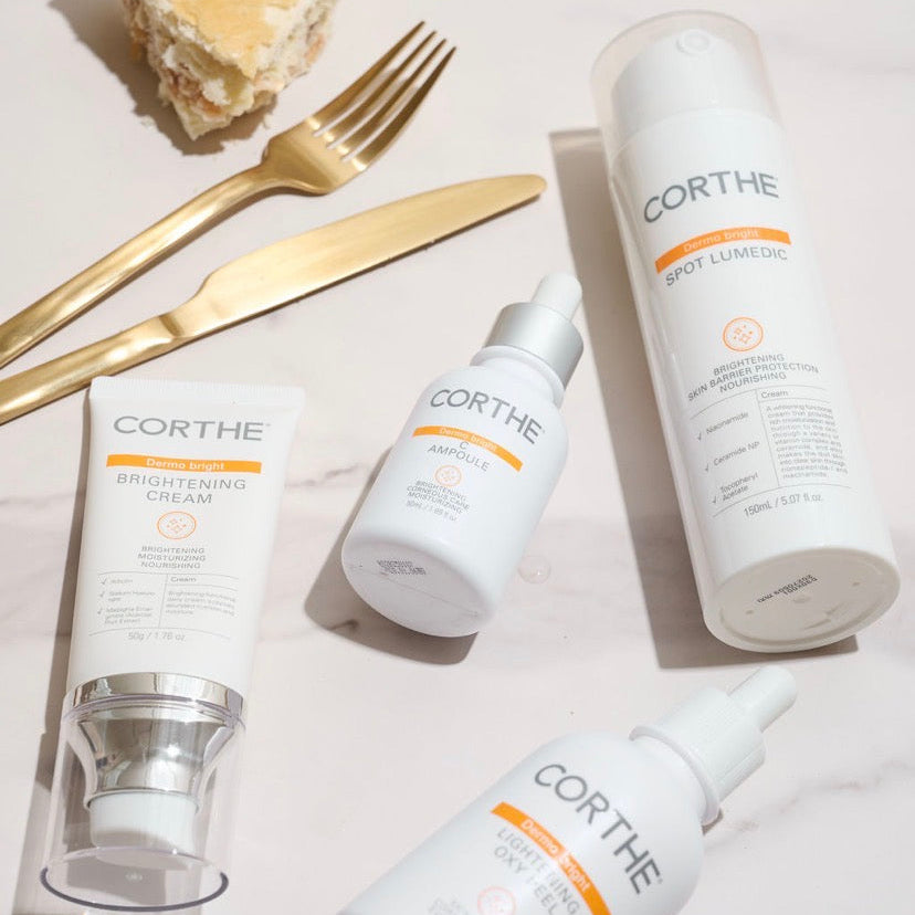 A brightening Korean skincare routine featuring Corthe Dermo Bright Toning Lumedic alongside clinical serums to create a multi-layered approach to correcting melasma and skin dullness.