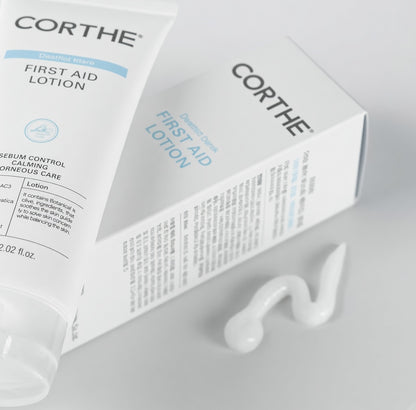 Calm active breakouts and speed healing with Corthe First Aid Lotion samples. Non-comedogenic Korean lotion with Centella, Niacinamide, & Tea Tree.