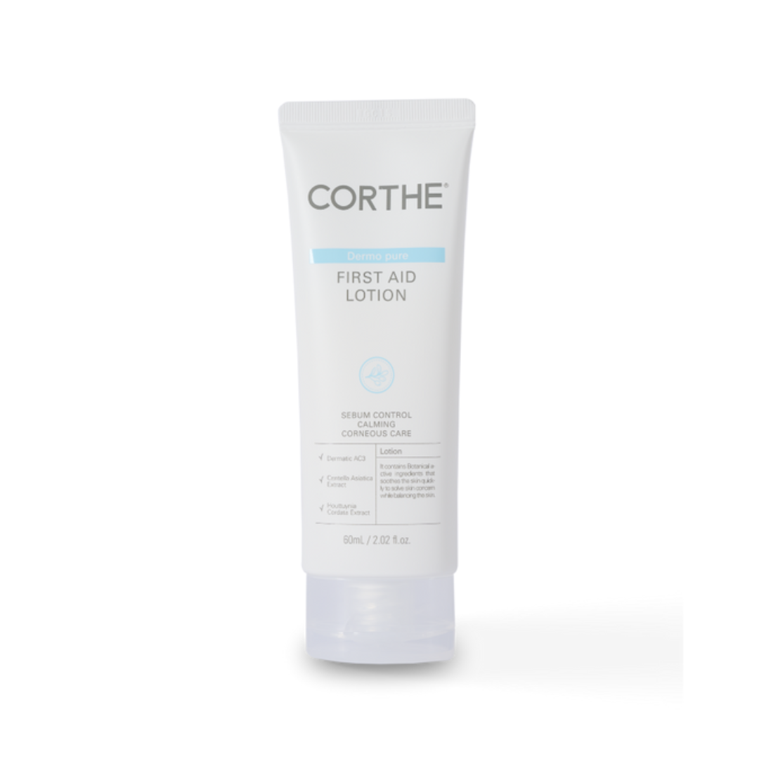 Corthe Dermo Pure First Aid Lotion: A professional Korean acne moisturizer designed to calm active breakouts and reduce facial redness without clogging pores.