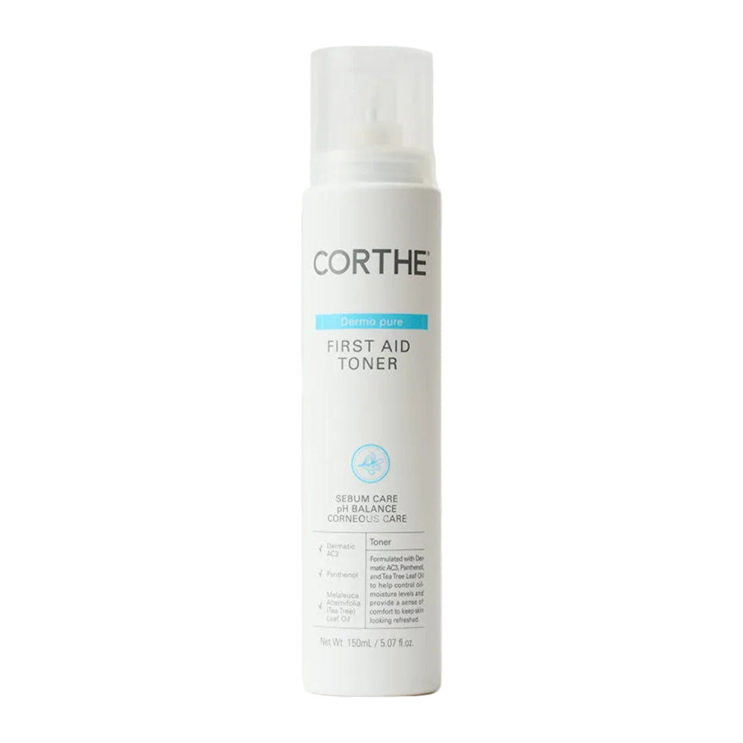 Corthe First Aid Acne Toner, a soothing K-Beauty solution that solves chronic acne inflammation and redness for oily skin types.