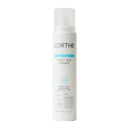 Corthe First Aid Acne Toner, a soothing K-Beauty solution that solves chronic acne inflammation and redness for oily skin types.