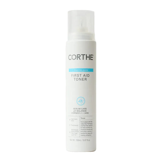 Corthe First Aid Acne Toner, a soothing K-Beauty solution that solves chronic acne inflammation and redness for oily skin types.