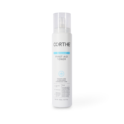 Corthe First Aid Acne Toner enriched with Centella Asiatica and Licorice Root; a soothing K-Beauty solution that solves the problem of chronic acne inflammation and redness for sensitive skin types.
