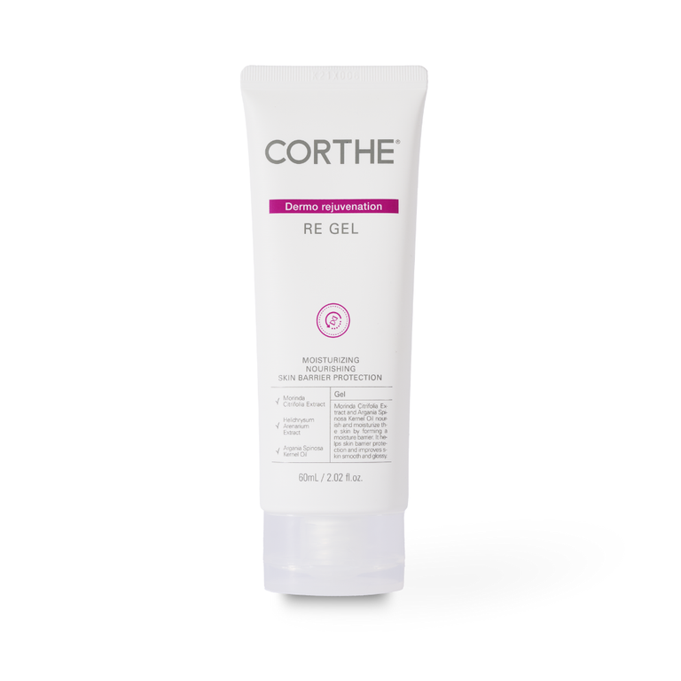 Corthe Re Gel packaging and tube, a non-comedogenic barrier gel formulated with Ceramides and Peptides to repair compromised skin.