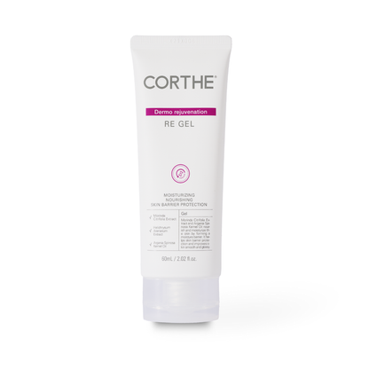 Corthe Re Gel packaging and tube, a non-comedogenic barrier gel formulated with Ceramides and Peptides to repair compromised skin.