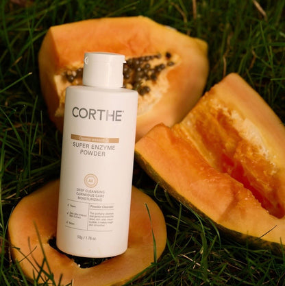 Travel-friendly Corthe Super Enzyme Powder; a spill-proof, powder-to-foam exfoliating cleanser that activates with water to detoxify pores and refine skin texture.