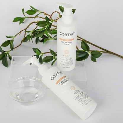 Gentle double-cleansing for sensitive skin: Use the Corthe Cleansing Milk or Foam to purify pores without stripping essential lipids from the skin surface.