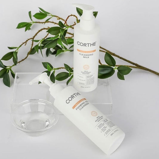 Gentle double-cleansing for sensitive skin: Use the Corthe Cleansing Milk or Foam to purify pores without stripping essential lipids from the skin surface.