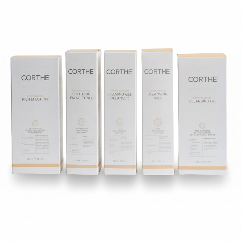 The Corthe Foundational Bundle: A complete 5-step professional Korean skincare system designed to restore a compromised skin barrier and provide fragrance-free stability.