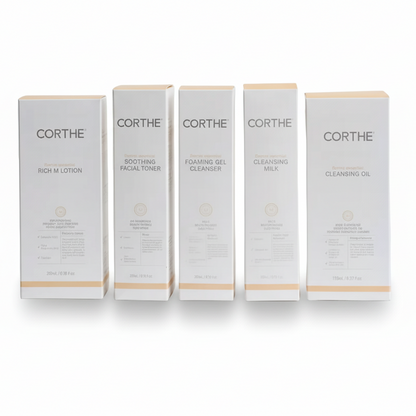 The Corthe Foundational Bundle: A complete 5-step professional Korean skincare system designed to restore a compromised skin barrier and provide fragrance-free stability.