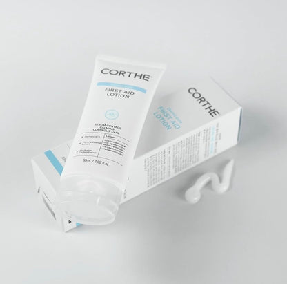 Lightweight Korean hydration for acne-prone skin: Corthe First Aid Lotion provides non-comedogenic moisture to calm inflammation without clogging pores.