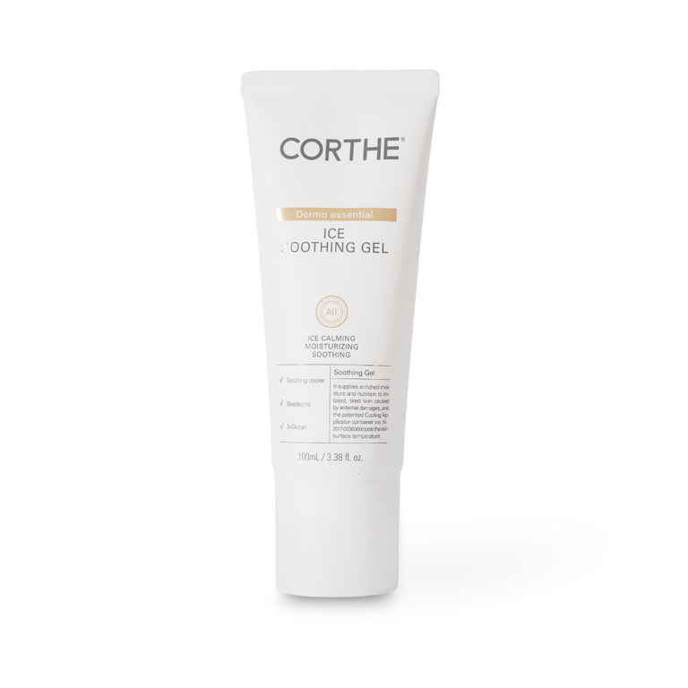 Corthe Dermo Essential Ice Soothing Gel tube, a professional Korean recovery gel for cooling redness and repairing the skin barrier.