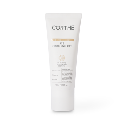 Corthe Dermo Essential Ice Soothing Gel tube, a professional Korean recovery gel for cooling redness and repairing the skin barrier.