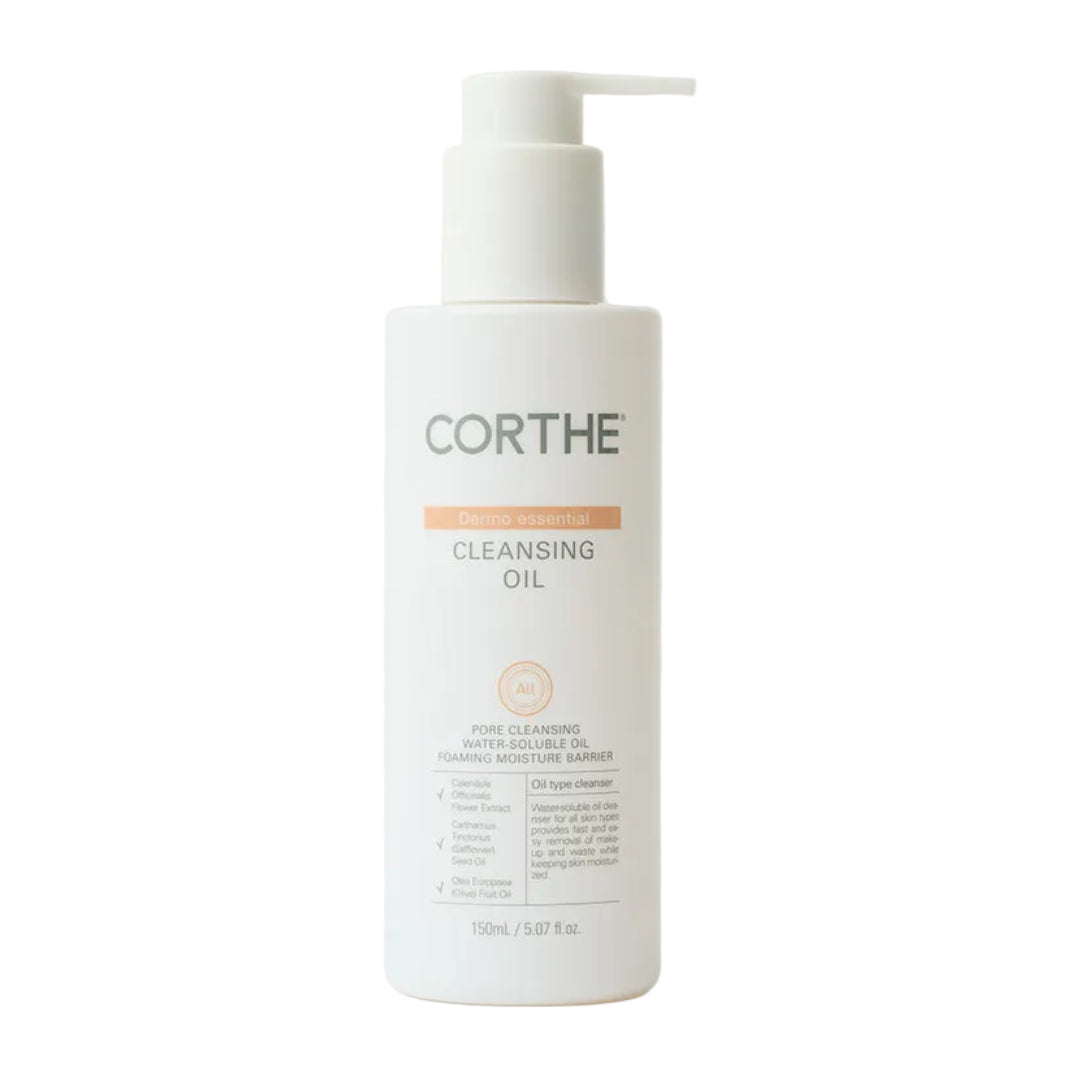 Corthe Dermo Essential Cleansing Oil: Professional-grade 150ml Korean oil cleanser in a sleek pump bottle for a thorough, at-home double cleanse routine.