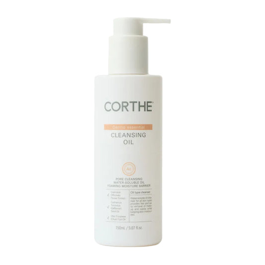 Corthe Dermo Essential Cleansing Oil: Professional-grade 150ml Korean oil cleanser in a sleek pump bottle for a thorough, at-home double cleanse routine.
