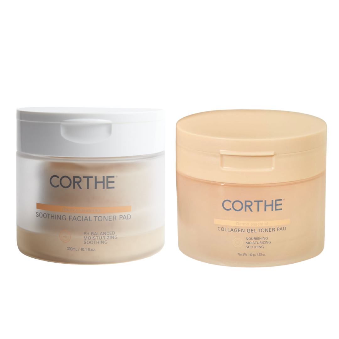 Corthe Korean Toner Pad Bundle featuring the Soothing Centella Toner Pads and Collagen Gel Pads for a complete glass skin and barrier repair ritual.
