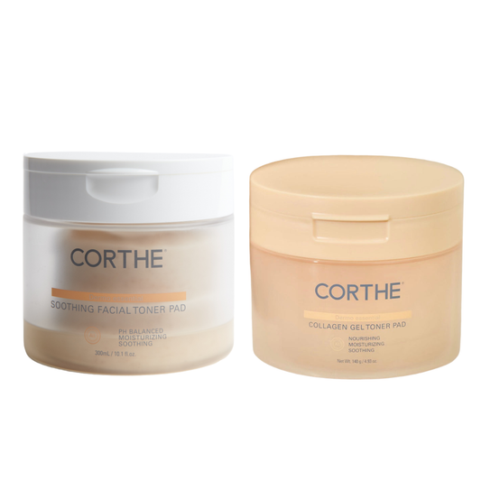 Corthe Korean Toner Pad Bundle featuring the Soothing Centella Toner Pads and Collagen Gel Pads for a complete glass skin and barrier repair ritual.
