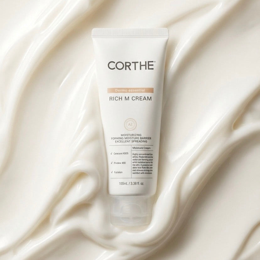 Corthe Dermo Essential Rich M Cream, a professional-grade Korean barrier repair moisturizer engineered with Ceramide NP and Amino Acids for severely dehydrated skin.