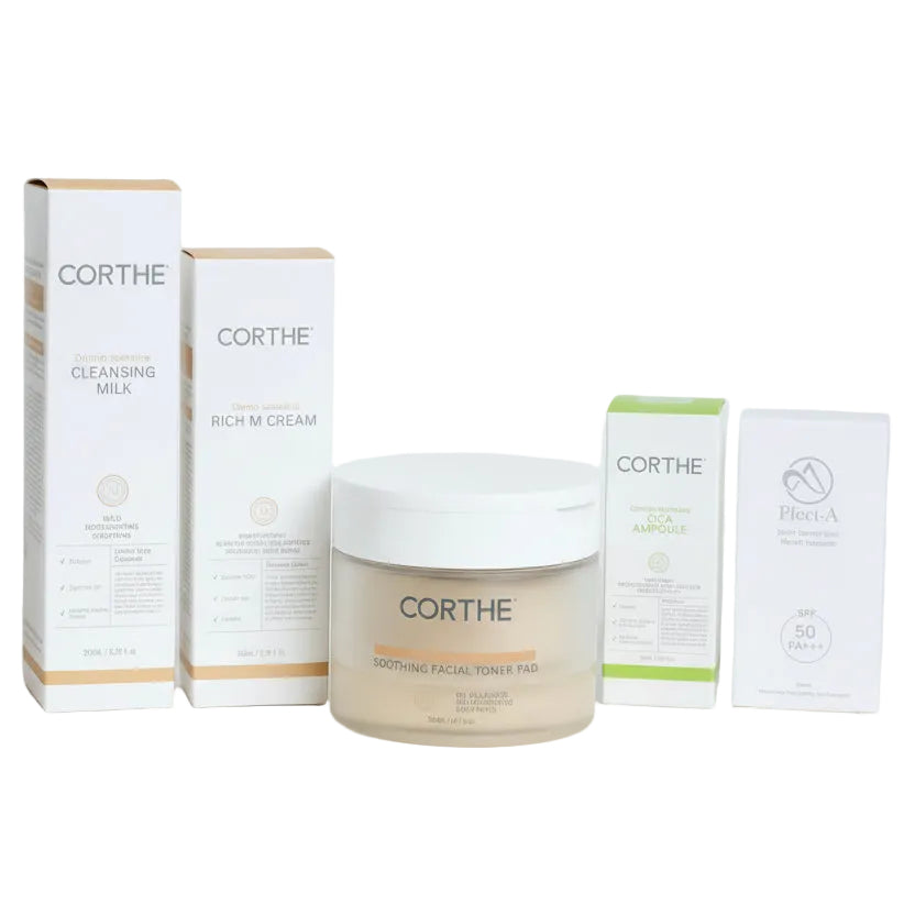 Skin Barrier Repair Kit five-step Korean barrier repair system with Corthe Cleansing Milk Soothing Toner Pads Cica Ampoule Rich M Cream and Pfect-A Solar Elixir SPF 50 for sensitive compromised and post-procedure skin