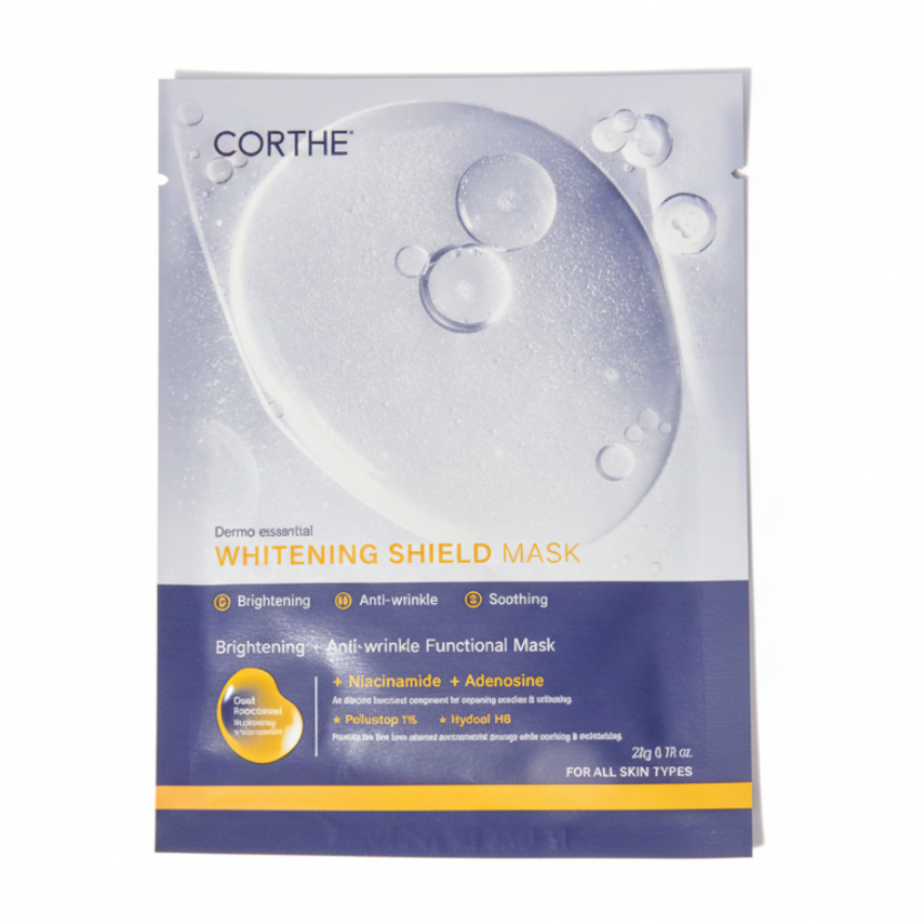 Fix dullness and dark spots with the Corthe Whitening Shield Mask, a professional Korean brightening solution with Glutathione.