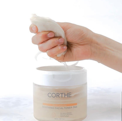 Rich saturation of essence in each organic fiber Corthe toner pad, demonstrating how they deliver deeply hydrate evenly without irritation.