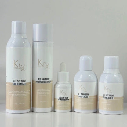 The complete KrX Deluxe Glow Bundle collection; a 5-step clinical Korean skincare system that solves dullness and barrier depletion for a high-density, glass skin glow.
