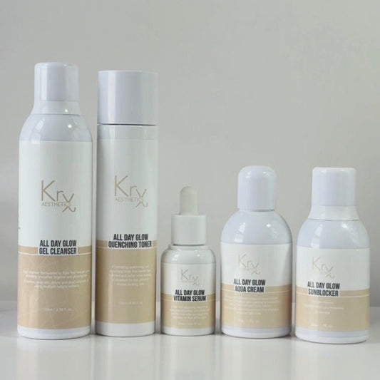 The complete KrX Deluxe Glow Bundle collection; a 5-step clinical Korean skincare system that solves dullness and barrier depletion for a high-density, glass skin glow.
